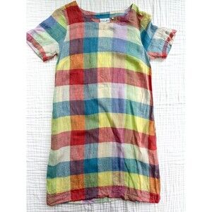 FOIL Linen Plaid Shift Dress Size 8 Multicolor Rainbow Check Short Sleeve Midi